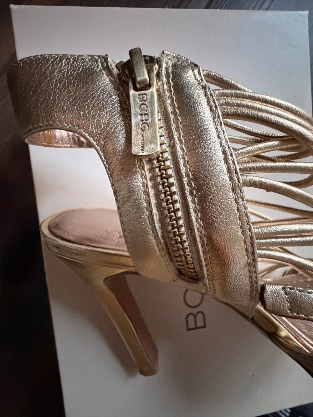 BCBGen Gold Strappy 4" High Heels - Picture 3 of 9